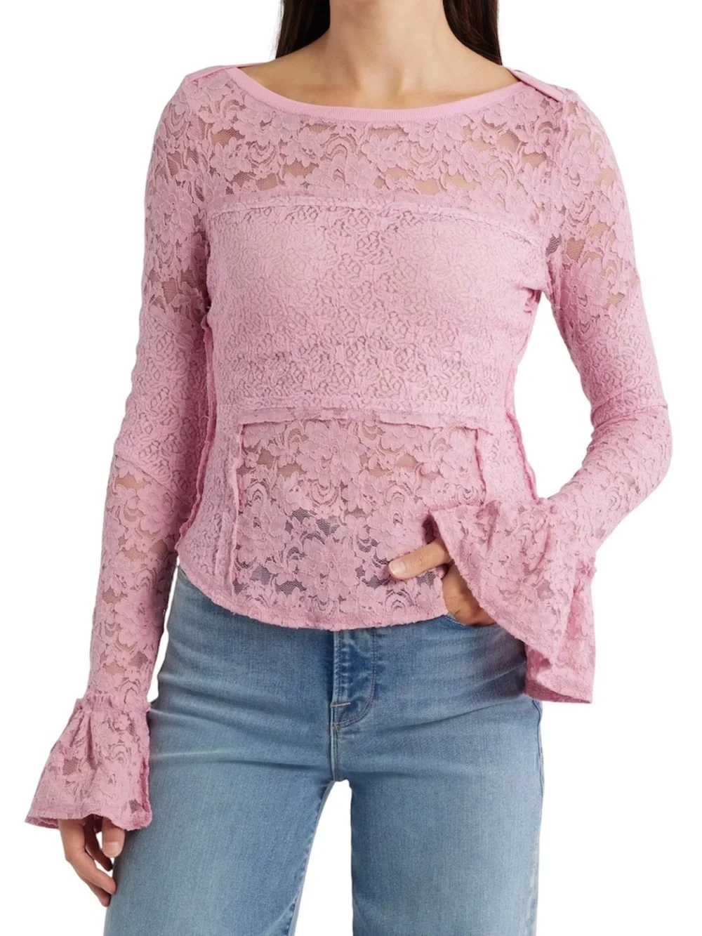Free People Pink Lace Bell-Sleeve Top
